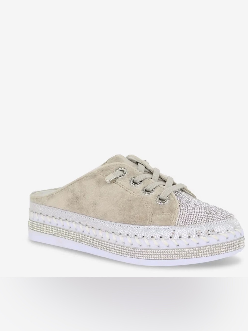 Bernie Mev. Beige Suede Crystal-Toe Low-Top Sneaker